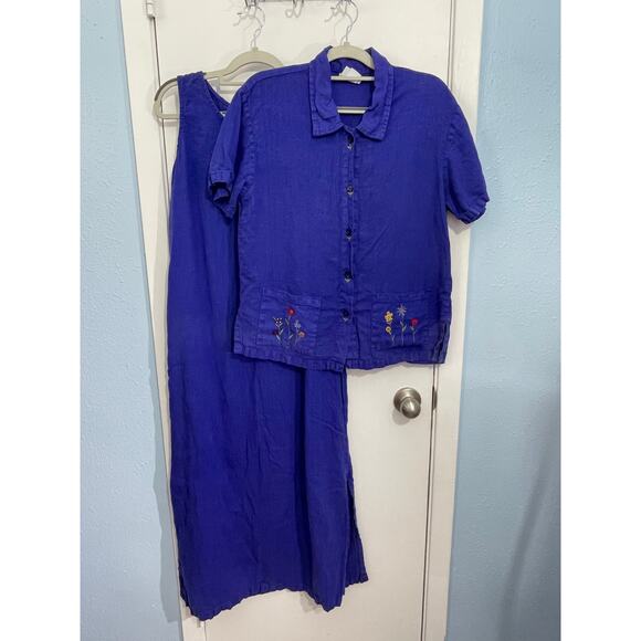 Vintage Donna Linen Dress Shirt Set Small Blue Embroidered Cottage Core Boho - Picture 2 of 11